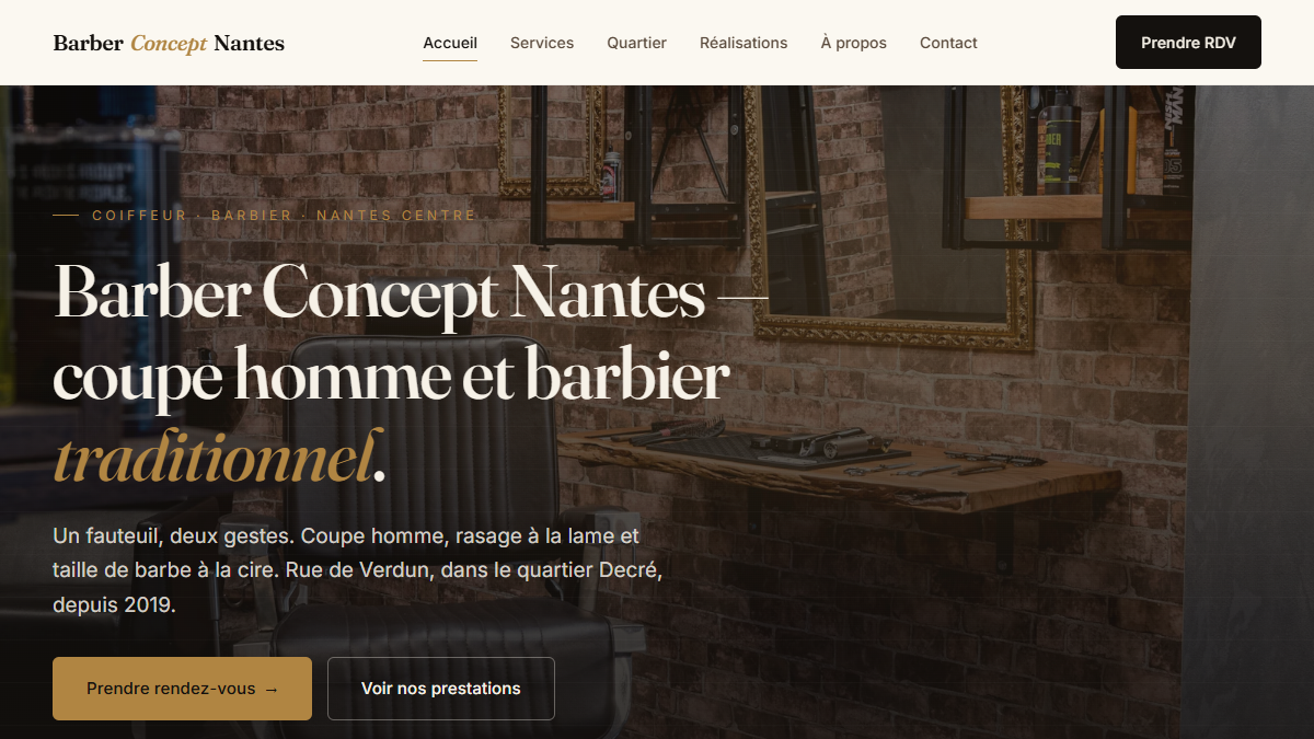 Page d'accueil du site Barber Concept Nantes, salon coiffeur barbier à Nantes